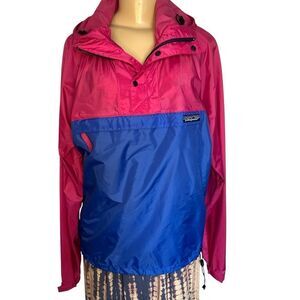 Patagonia Vintage Windbreaker Hooded pullover T snap jacket Blue pink medium